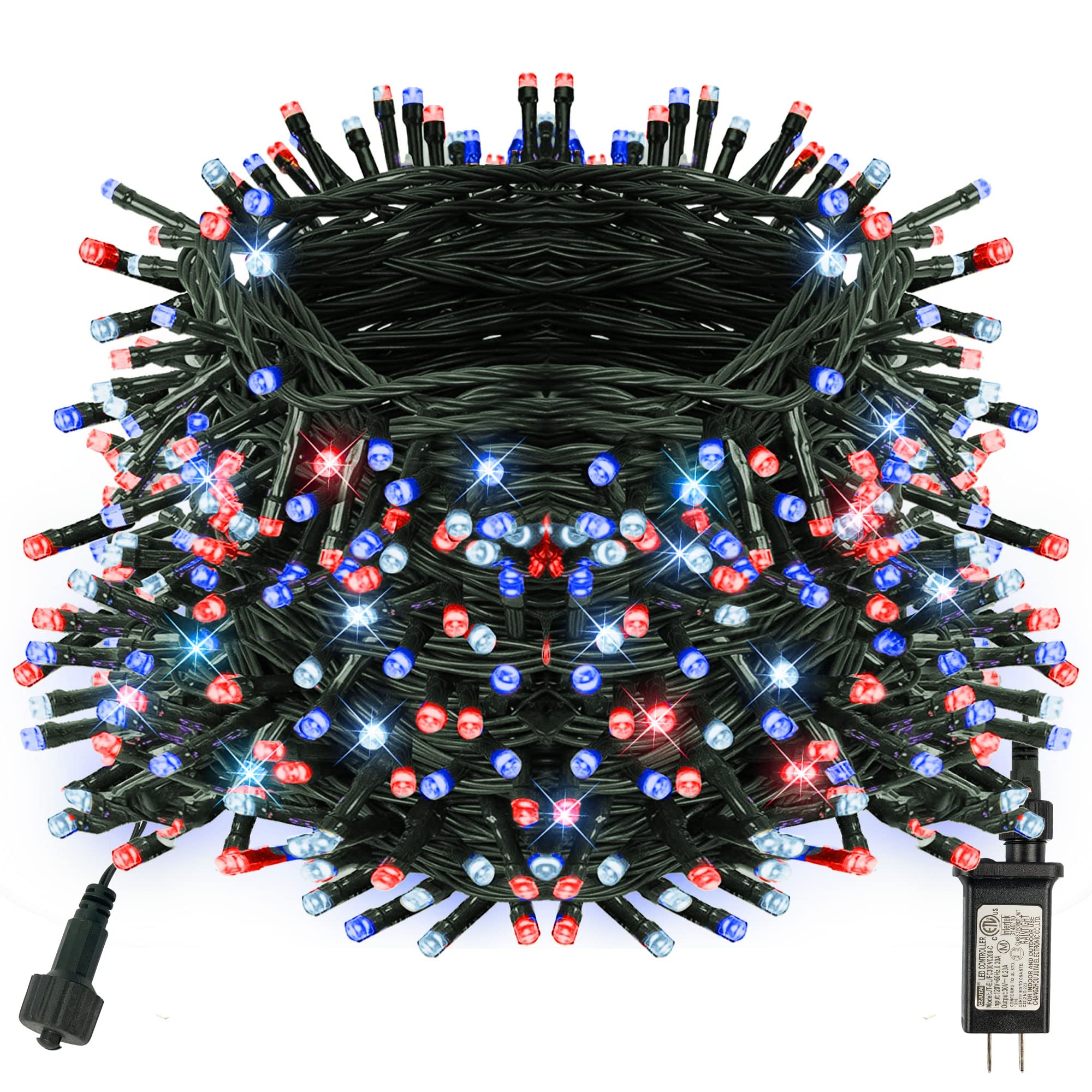 200 LED String Lights Plug in with 8 Modes, Red White and Blue