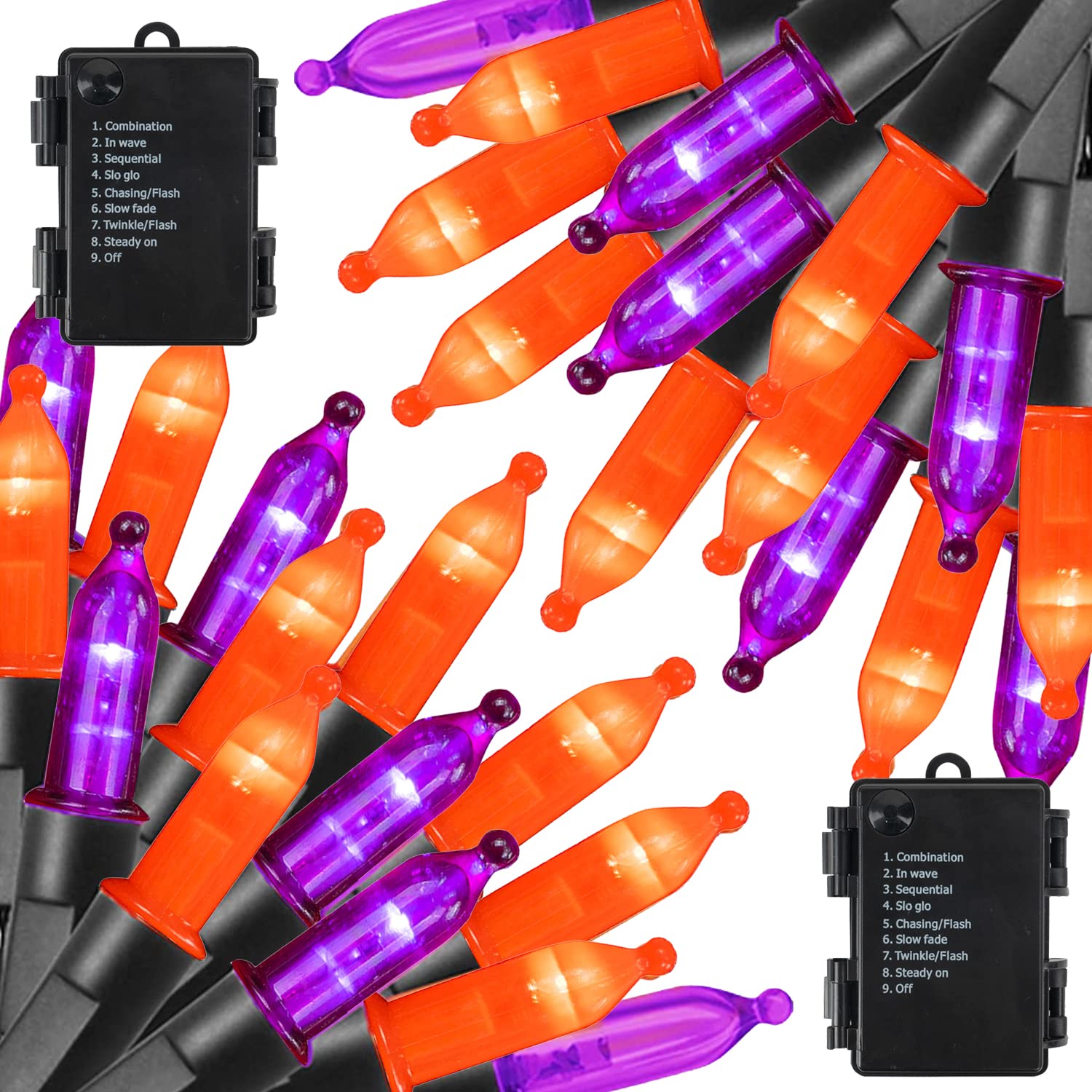 2 Pack 50 LED 16 FT Lights Battery Operated, Purple and Orange