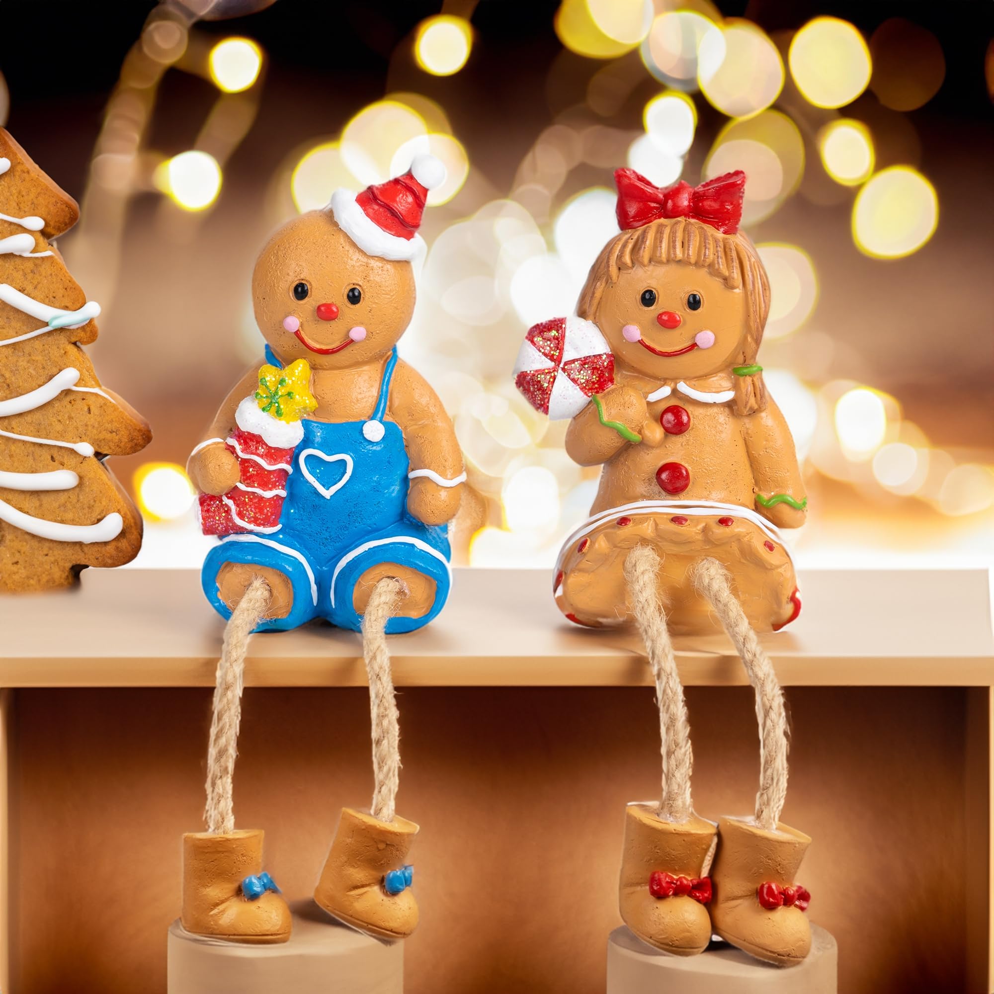 Resin Gingerbread Man Sitters with Dangling Legs,Set of 2