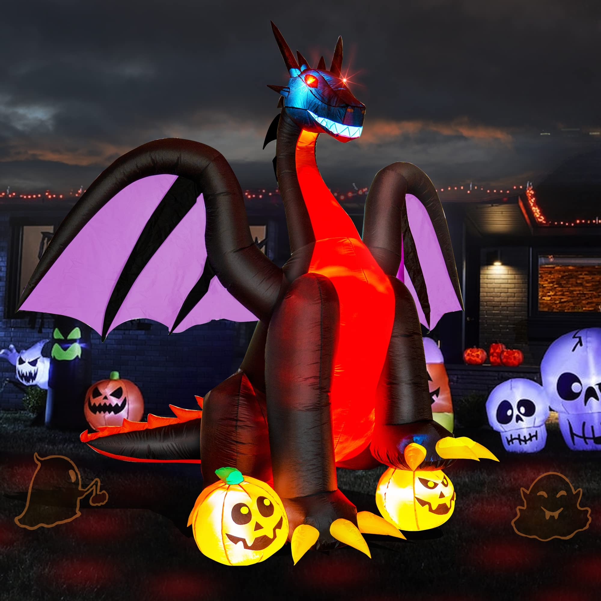 8 FT Fire Dragon with Pumpkin Halloween Inflatables Decorations