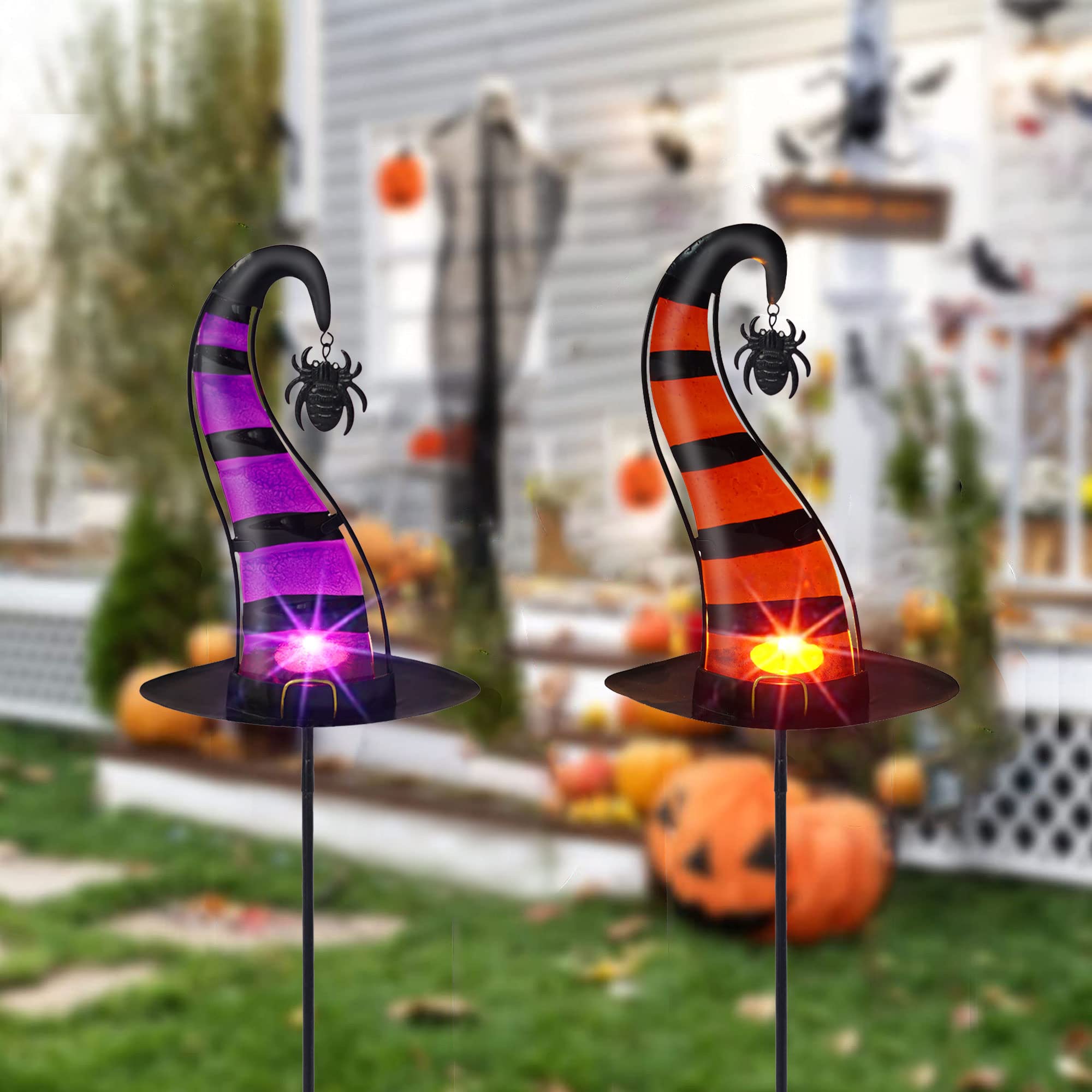 2 Pack Halloween Glass Garden Stakes, Witch Hat Metal