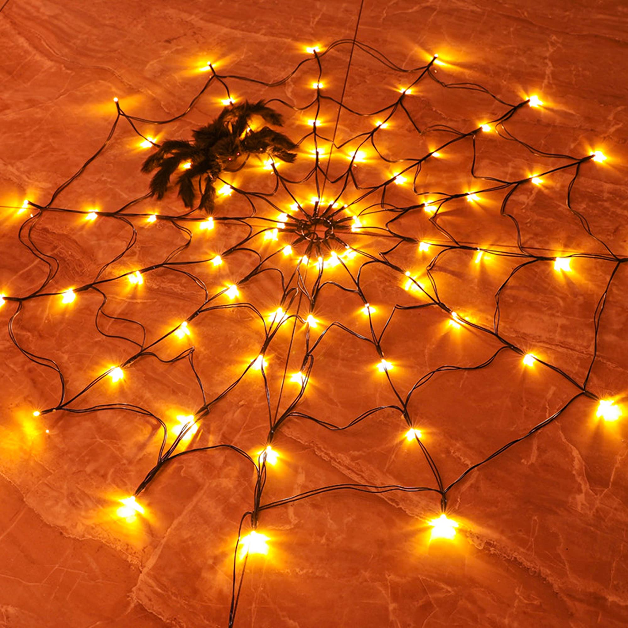 80 LED Orange Spider Web Lights with Spider, Orange