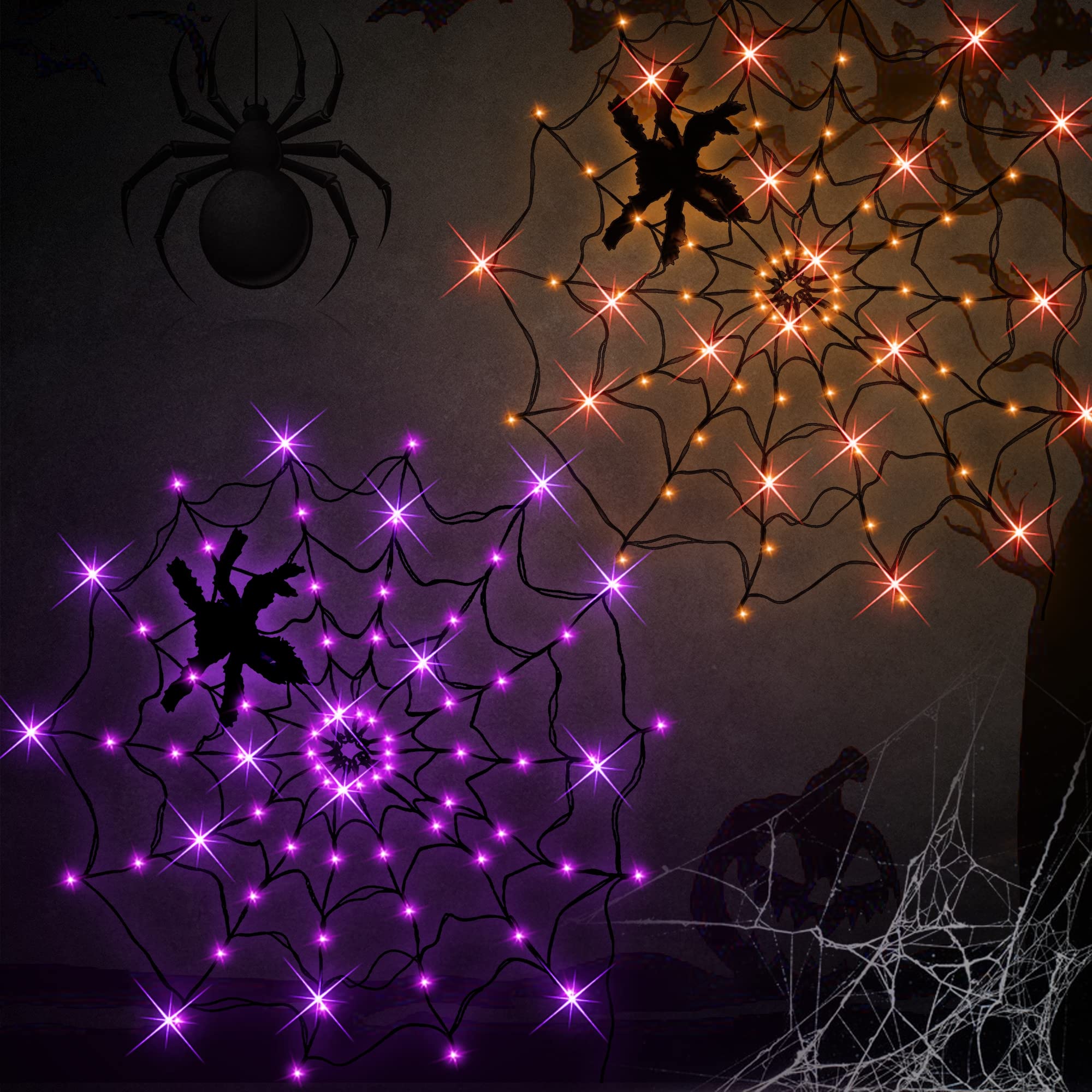 2 Pack 80 LED Spider Web Lights with Spider，1 Purple 1 Orange