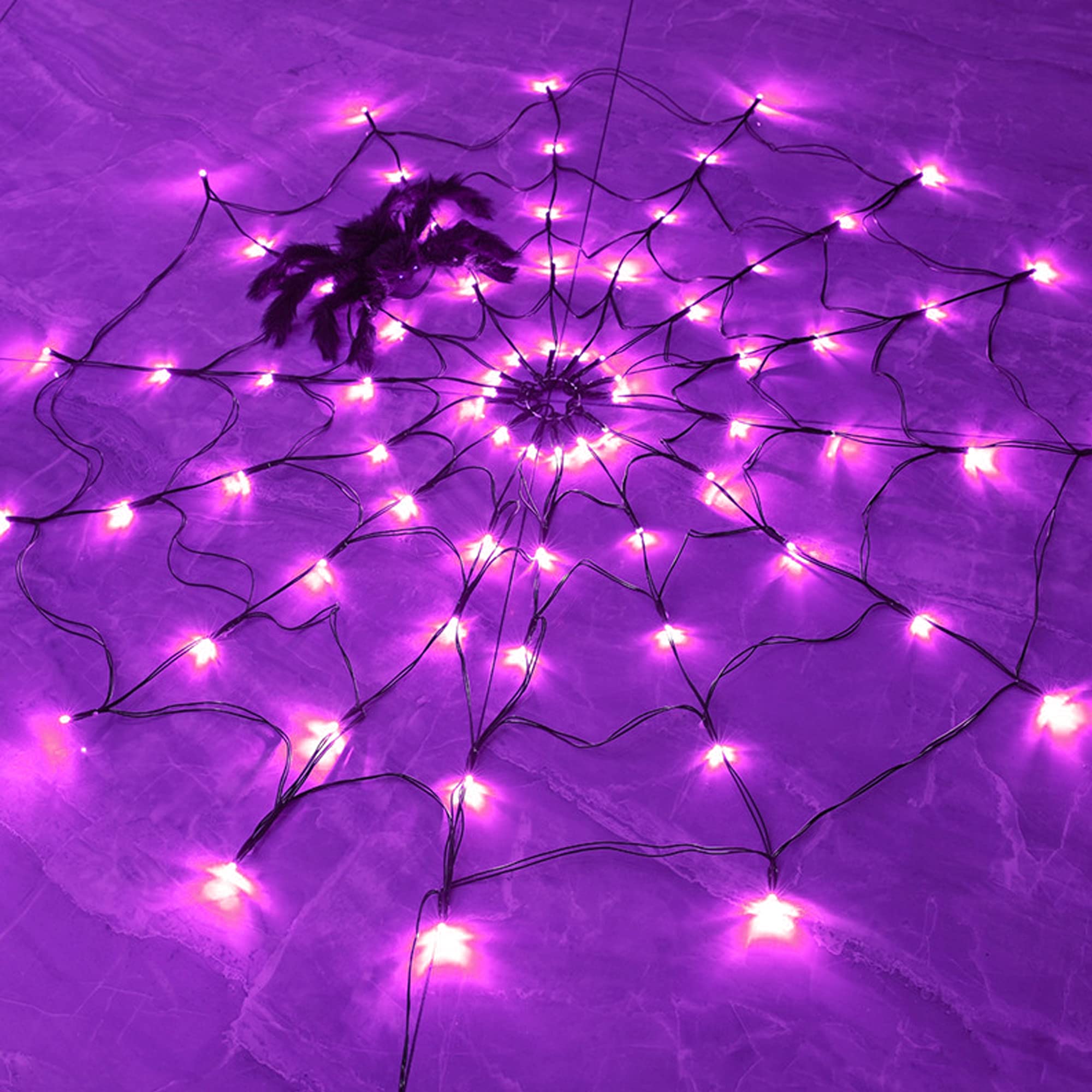 80 LED Spider Web Lights with Spider, Purple