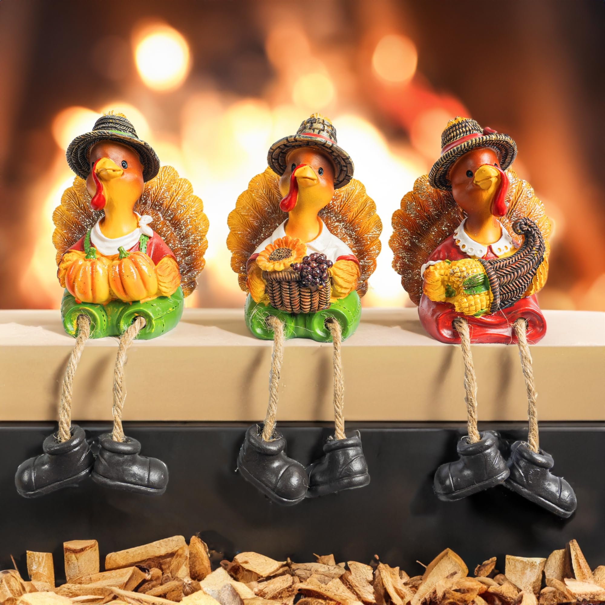 3 Pack Resin Turkey Figurines Thanksgiving Tabletop Decor