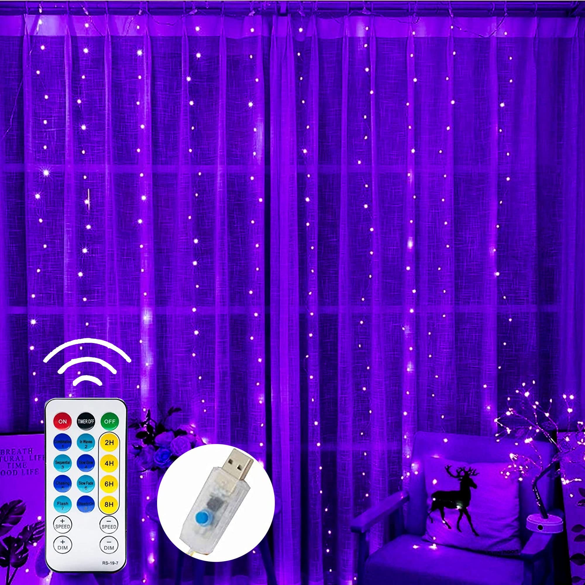 300 LED 9.8ft x 9.8ft 8 Lighting Modes Fairy Lights,Purple