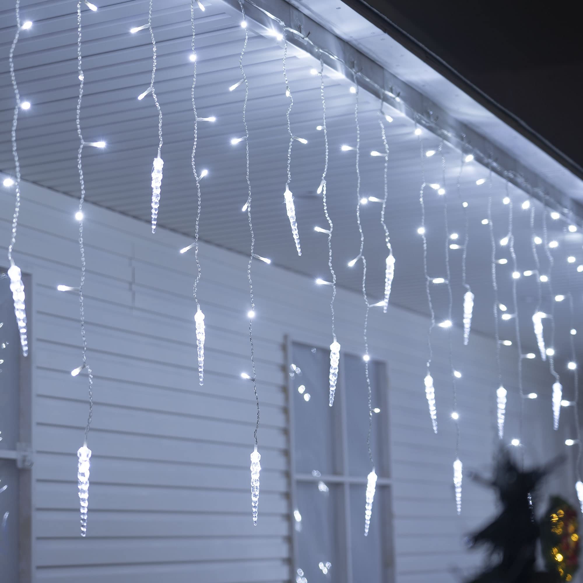 360 LED Icicle String Lights, White with Ice Cone Drop