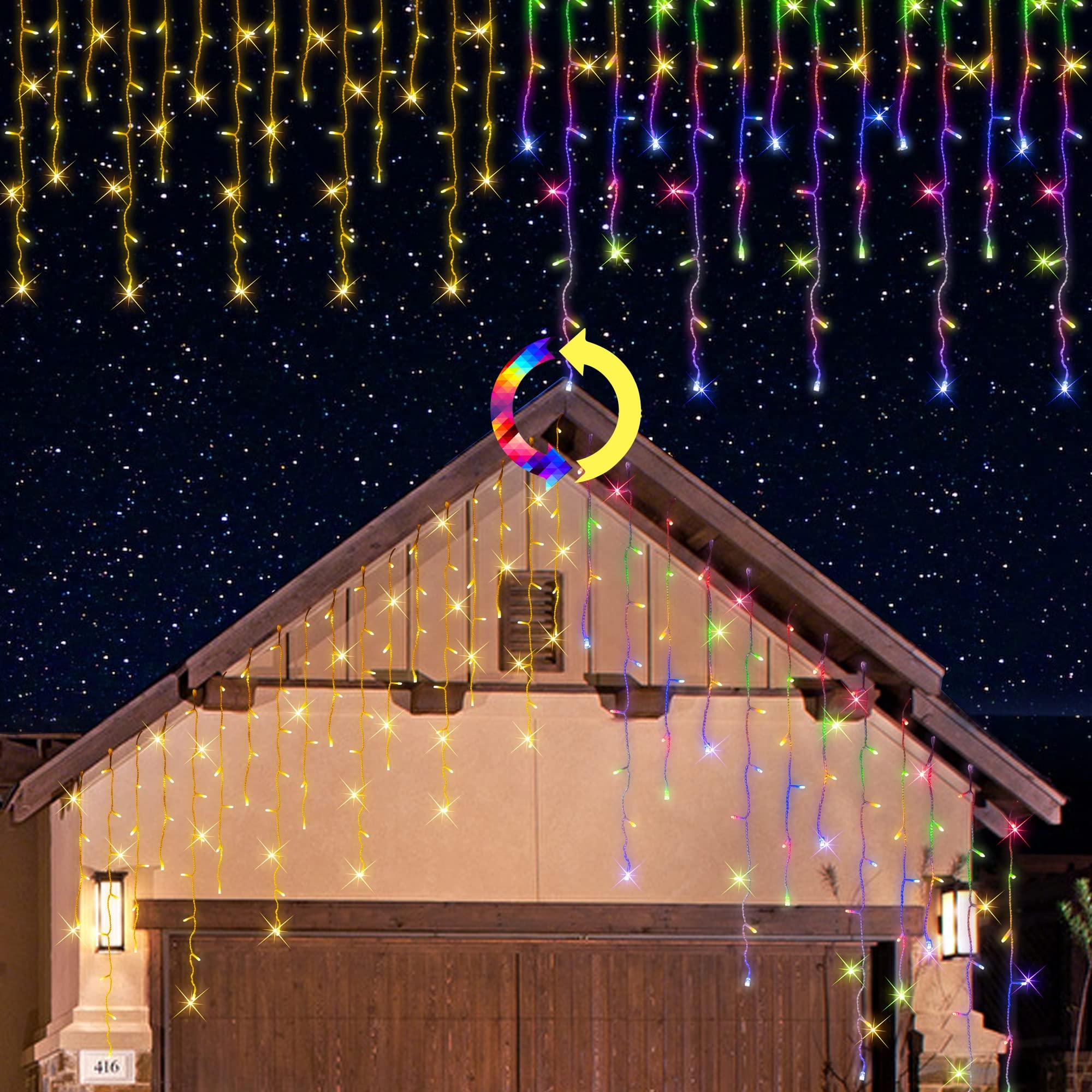 360 LED 29.5 FT 8 Modes Color Changing Christmas Icicle Lights, 2 in 1 Warm White & Multicolor