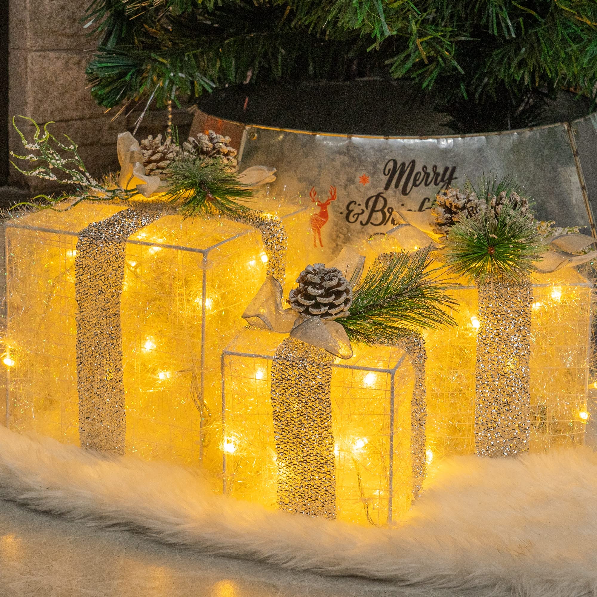 60 LED Light Up Tinsel Present Box Decorations, 	Warm White