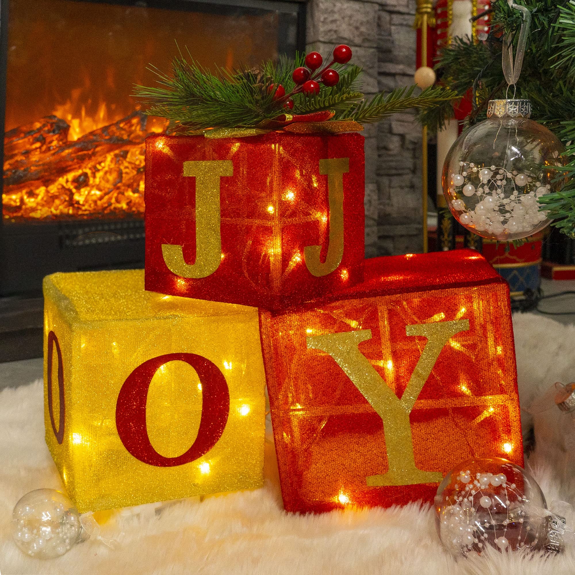 Set of 3 Christmas Lighted Gift Boxes, Joy